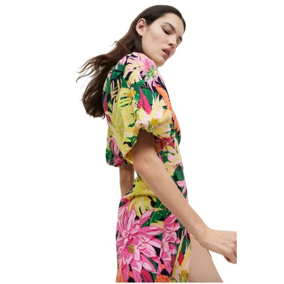 H&M Puff Sleeved Wrap Dress Green/Floral Bright Tropical XXL - Picture 7 of 7